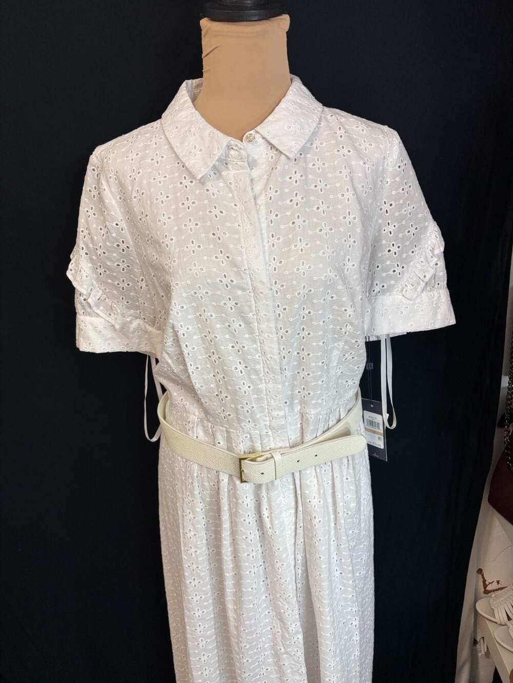 Tommy Hilfiger Women's White Eyelet Belted Midi Shirtdress